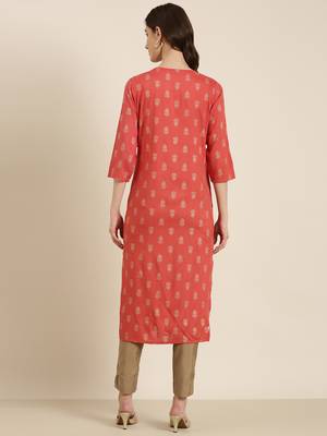 women's knee length round neck coral floral straight kurta 5