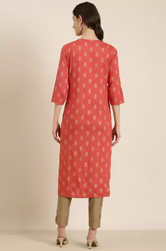 women's knee length round neck coral floral straight kurta