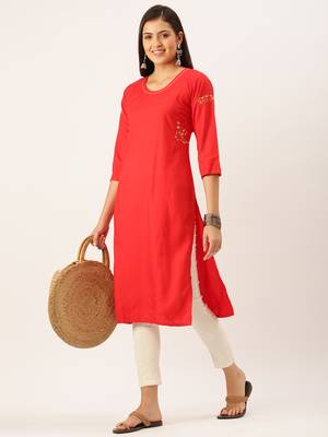 women's calf length round neck red solid straight kurta 5