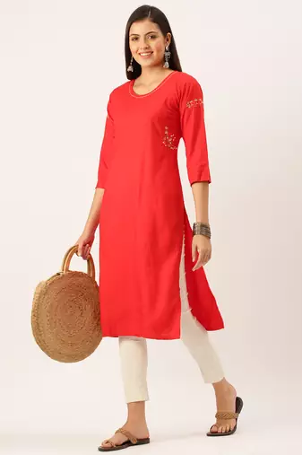 women's calf length round neck red solid straight kurta