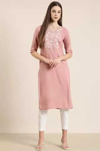 women's calf length round neck mauve solid straight kurta