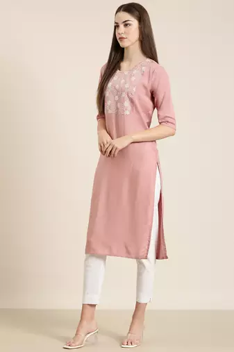 women's calf length round neck mauve solid straight kurta