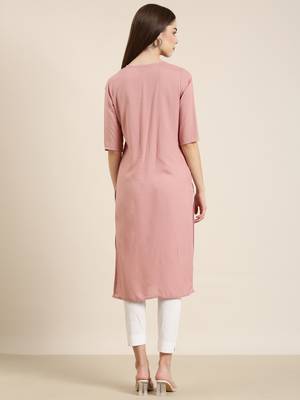 women's calf length round neck mauve solid straight kurta 5