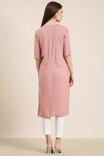 women's calf length round neck mauve solid straight kurta