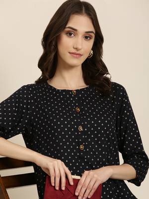 women's calf length round neck navy blue ethnic motifs straight kurta 1