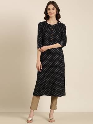 women's calf length round neck navy blue ethnic motifs straight kurta 2
