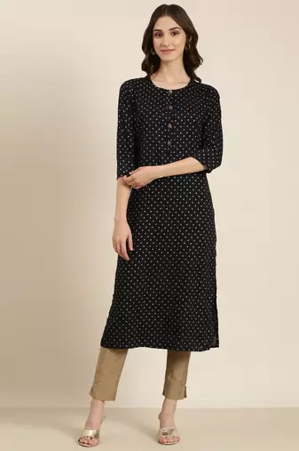 women's calf length round neck navy blue ethnic motifs straight kurta