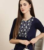 women's calf length round neck navy blue solid straight kurta