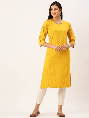 women's calf length round neck yellow solid straight kurta 2