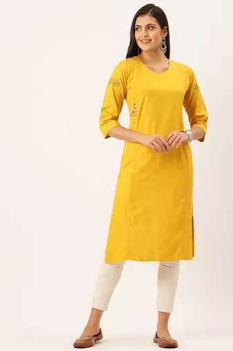 women's calf length round neck yellow solid straight kurta