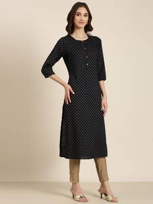 women's calf length round neck navy blue ethnic motifs straight kurta 4