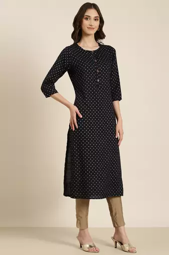 women's calf length round neck navy blue ethnic motifs straight kurta