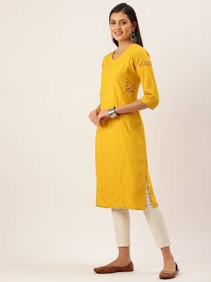 women's calf length round neck yellow solid straight kurta 3