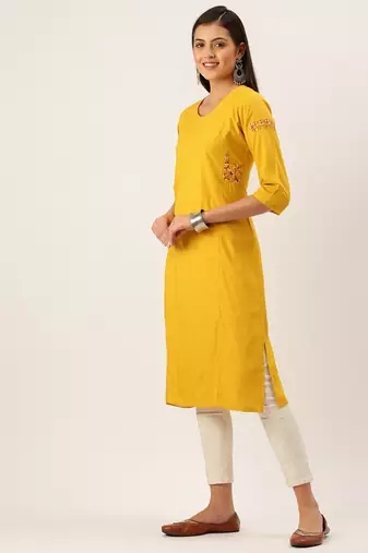 women's calf length round neck yellow solid straight kurta