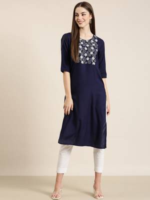 women's calf length round neck navy blue solid straight kurta 2