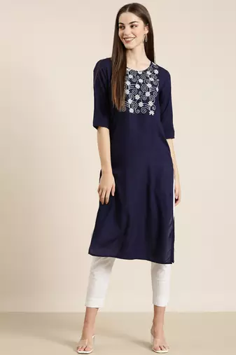 women's calf length round neck navy blue solid straight kurta