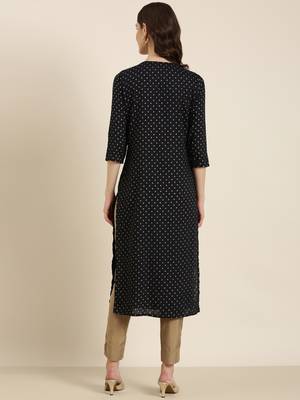 women's calf length round neck navy blue ethnic motifs straight kurta 5