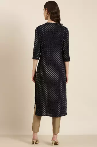 women's calf length round neck navy blue ethnic motifs straight kurta