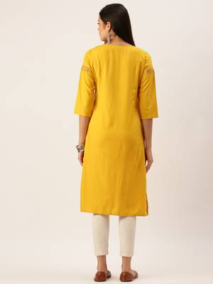 women's calf length round neck yellow solid straight kurta 4