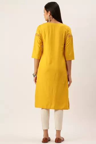 women's calf length round neck yellow solid straight kurta