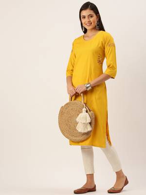 women's calf length round neck yellow solid straight kurta 5