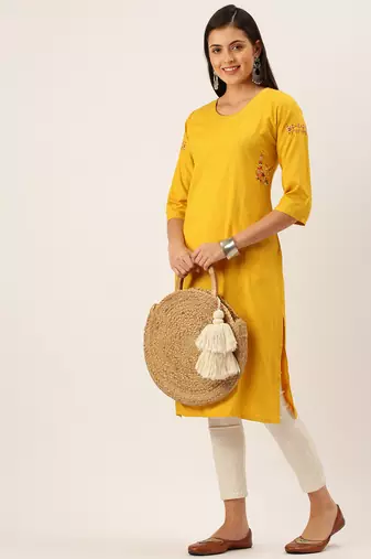 women's calf length round neck yellow solid straight kurta