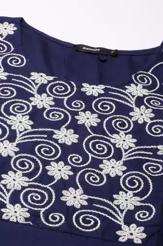women's calf length round neck navy blue solid straight kurta