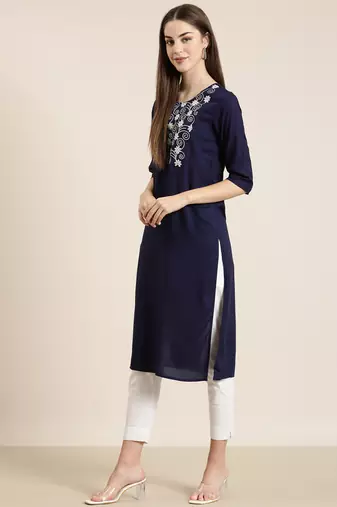 women's calf length round neck navy blue solid straight kurta