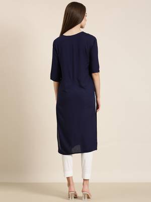 women's calf length round neck navy blue solid straight kurta 5