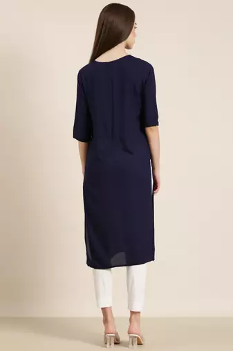 women's calf length round neck navy blue solid straight kurta