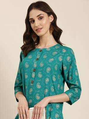 women's calf length round neck teal paisley straight kurta 1