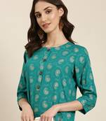 women's calf length round neck teal paisley straight kurta