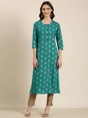 women's calf length round neck teal paisley straight kurta 2