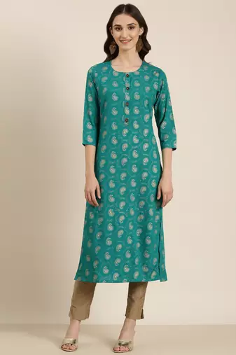 women's calf length round neck teal paisley straight kurta