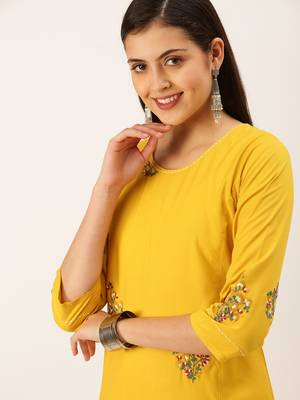 women's calf length round neck mustard solid straight kurta 1