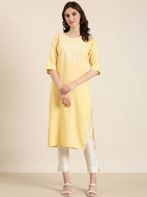 women's calf length round neck yellow solid straight kurta 2