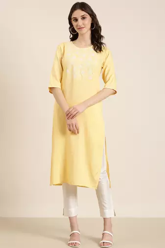 women's calf length round neck yellow solid straight kurta