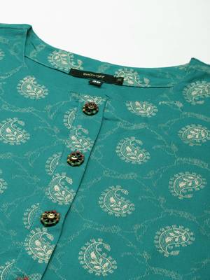 women's calf length round neck teal paisley straight kurta 3