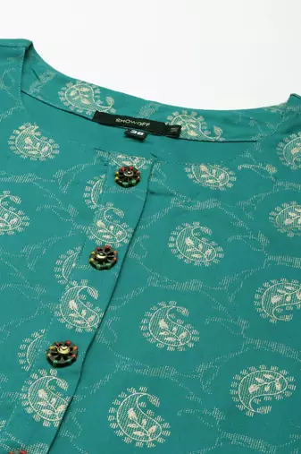 women's calf length round neck teal paisley straight kurta