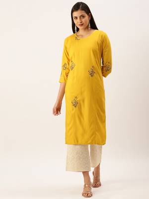 women's calf length round neck mustard solid straight kurta 2