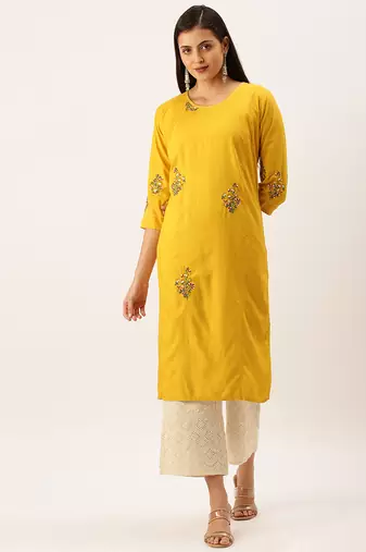 women's calf length round neck mustard solid straight kurta