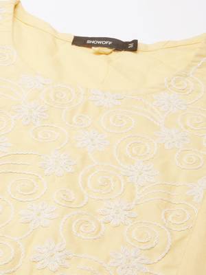 women's calf length round neck yellow solid straight kurta 3