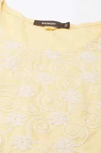 women's calf length round neck yellow solid straight kurta