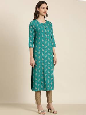 women's calf length round neck teal paisley straight kurta 4
