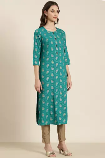 women's calf length round neck teal paisley straight kurta