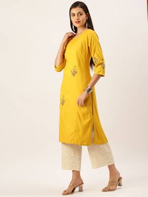 women's calf length round neck mustard solid straight kurta 3