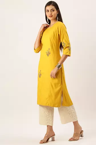 women's calf length round neck mustard solid straight kurta