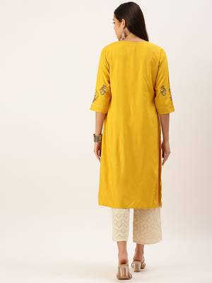 women's calf length round neck mustard solid straight kurta 4
