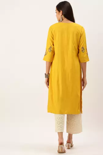 women's calf length round neck mustard solid straight kurta