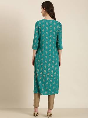 women's calf length round neck teal paisley straight kurta 5